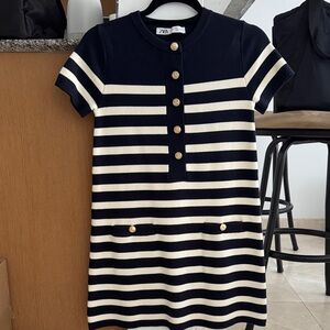 Zara Navy and Cream Striped Short-Sleeve Polo Dress